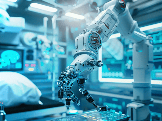 Robotic arm operating in a high-tech medical manufacturing environment, demonstrating advanced automation and precision.
