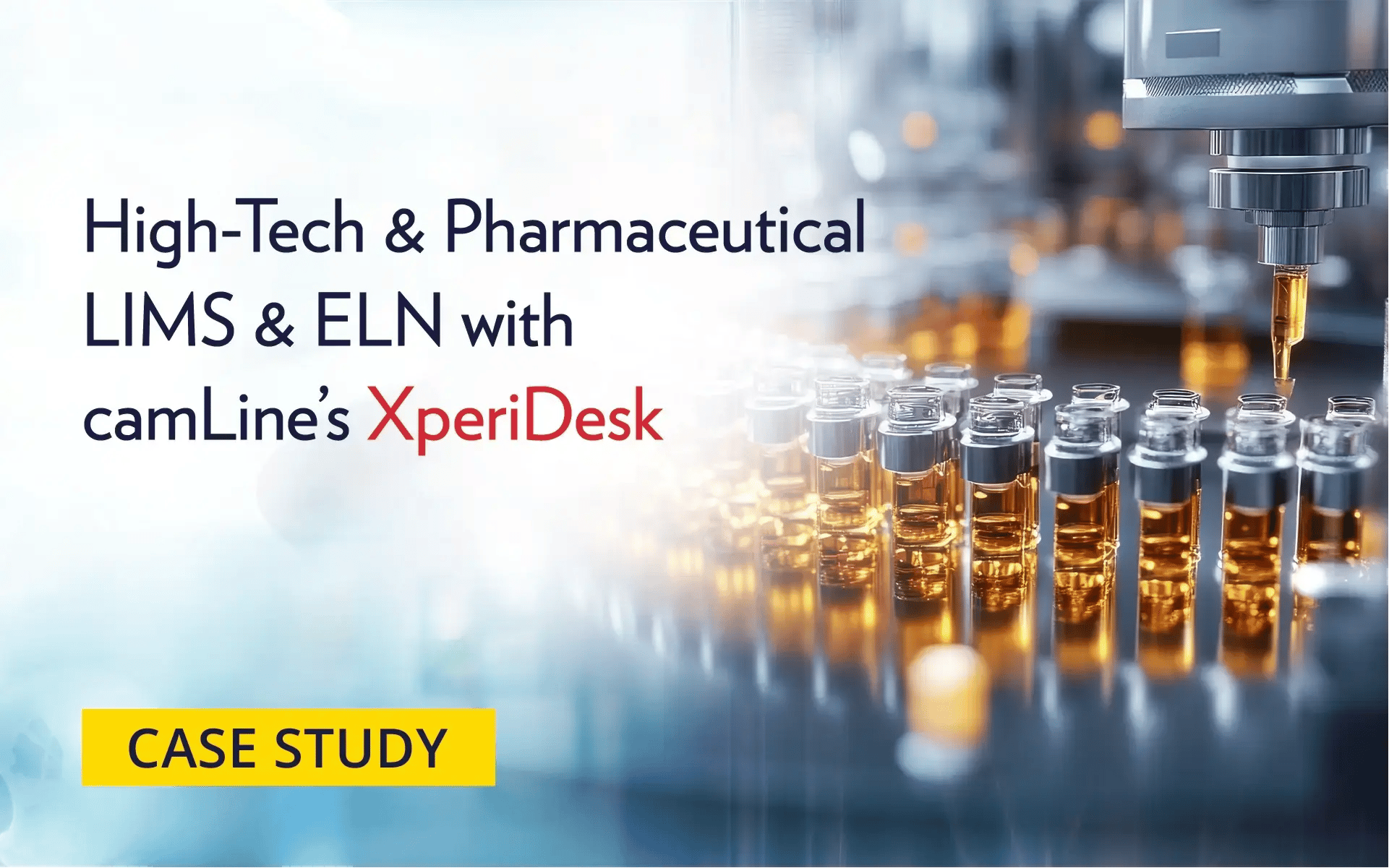 Case study banner showcasing laboratory vials being filled with liquid, representing high-tech and pharmaceutical LIMS & ELN solutions with camLine’s XperiDesk. Case study banner showcasing laboratory vials being filled with liquid, representing high-tech and pharmaceutical LIMS & ELN solutions with camLine’s XperiDesk.