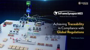 A video thumbnail showcasing 3D visualization of InFrame Synapse MES system for medical device traceability, demonstrating compliance with global regulations on a factory floor.