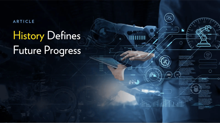 Article banner depicting a person using a tablet with futuristic digital overlays, illustrating the connection between historical data and future technological advancements.