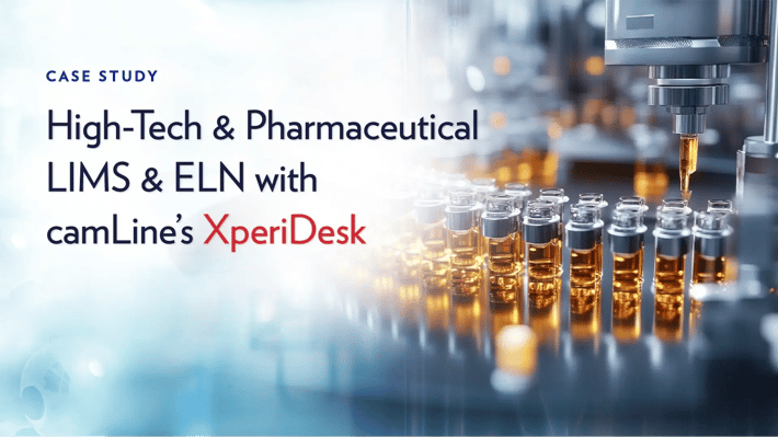 Case study banner showcasing laboratory vials being filled with liquid, representing high-tech and pharmaceutical LIMS & ELN solutions with camLine’s XperiDesk.