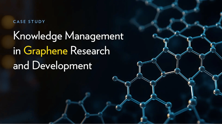Case study banner with a molecular structure representing knowledge management in graphene research and development.