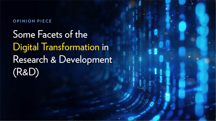 Opinion piece banner with a futuristic blue digital background representing data streams and the transformation of R&D through technology.