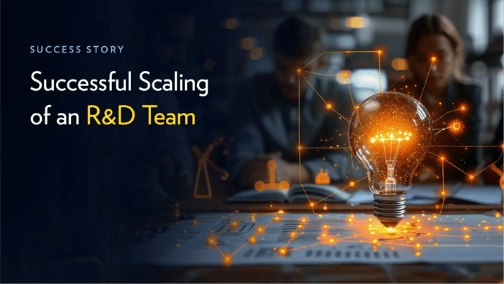 Success story banner featuring a glowing light bulb with digital connections, symbolizing innovation and the scaling of an R&D team.
