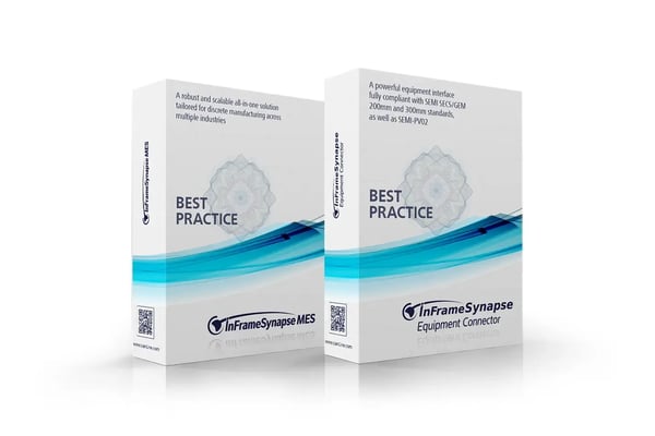 Produktverpackung von InFrame Synapse MES und InFrame Synapse Equipment Connector, die Best-Practice-Lösungen für die diskrete Fertigung und die Integration von Anlagen vorstellt.
