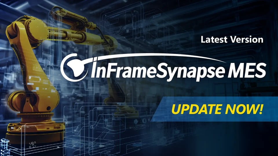 Banner zur Aktualisierung der neuesten Version von InFrame Synapse MES mit einem Roboterarm und digitalem Fabrikhintergrund mit der Aufforderung "Jetzt aktualisieren".