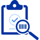 Checklist clipboard with a magnifying glass and barcode indicating compliance and traceability.