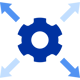 Gear icon with outward-pointing arrows symbolizing scalable growth and flexible expansion.