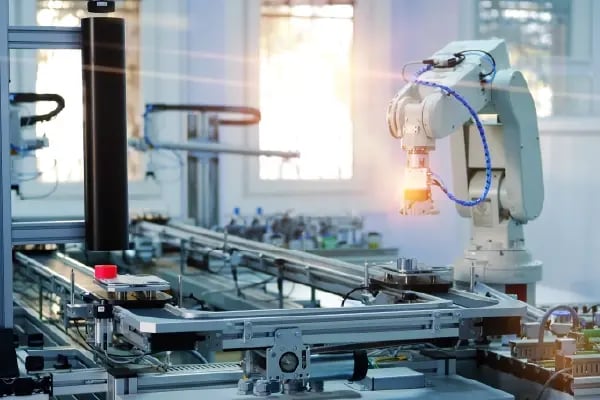 Industrial robotic arm working on an automated production line in a modern manufacturing facility.