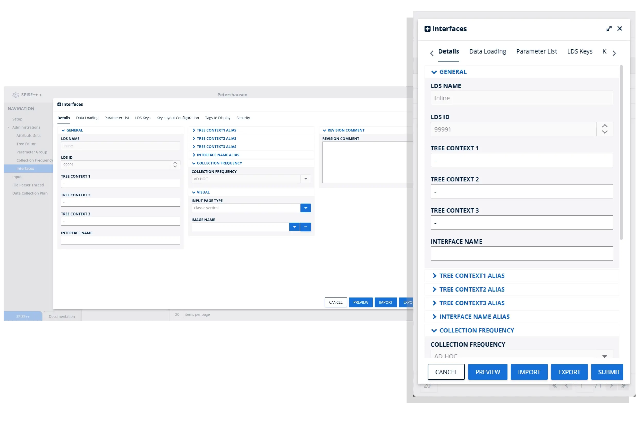 Smart Context Key Configuration Panel – A user interface for managing tree context aliasing, interface naming, and collection frequency settings in LineWorks SPISE++. Administrators can customize data collection interfaces to fit their operational requirements.